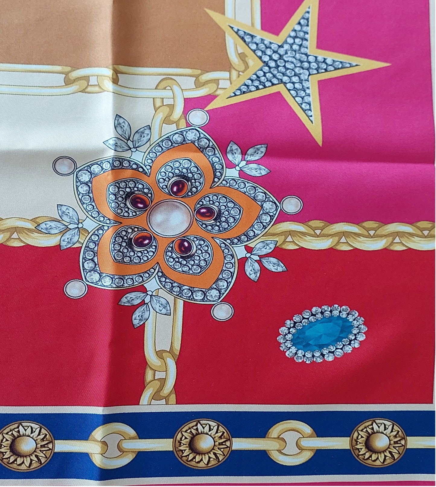 Woman Scarf 100% Silk Twill 90x90 “Stars Diamonds Chains” Design Red Cream Fuschia Colors Hand-rolled Hermès style Great Gift for Her