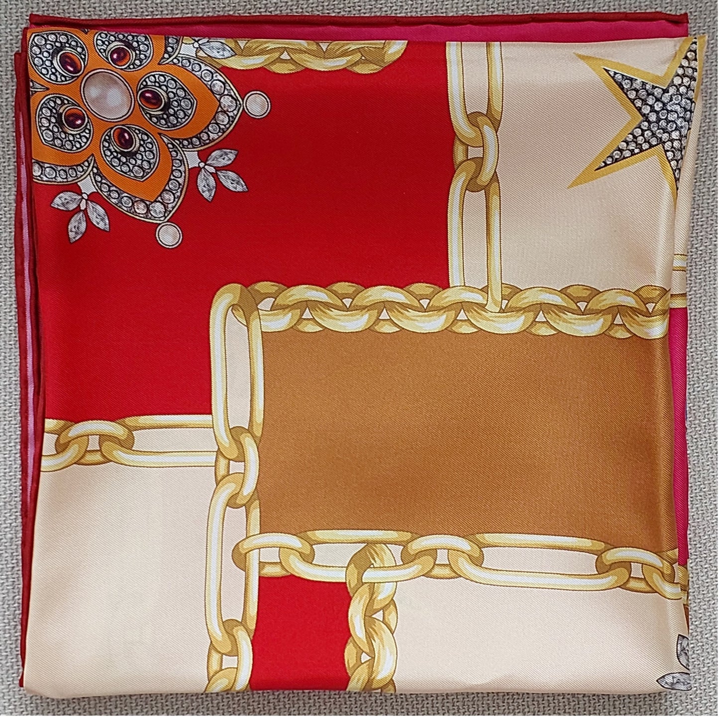 Woman Scarf 100% Silk Twill 90x90 “Stars Diamonds Chains” Design Red Cream Fuschia Colors Hand-rolled Hermès style Great Gift for Her