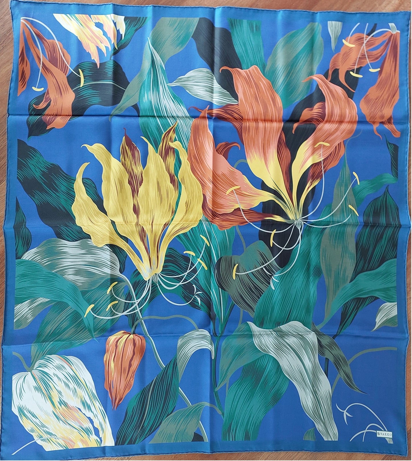 Woman Scarf 100% Silk Twill 90x90 Big Flowers Design Blue Green Colors Hand-rolled Great Gift for Her
