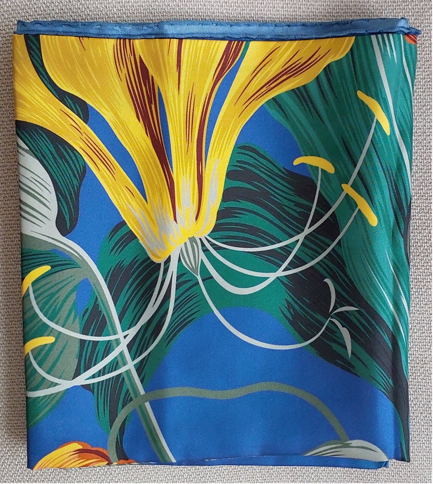 Woman Scarf 100% Silk Twill 90x90 Big Flowers Design Blue Green Colors Hand-rolled Great Gift for Her