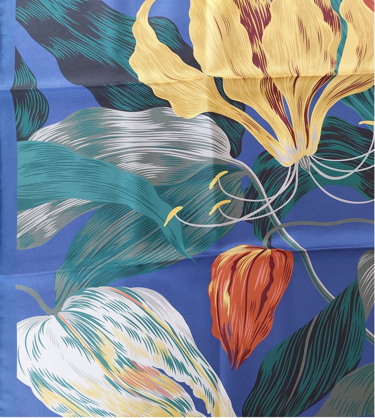 Woman Scarf 100% Silk Twill 90x90 Big Flowers Design Blue Green Colors Hand-rolled Great Gift for Her