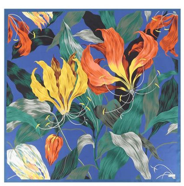 Woman Scarf 100% Silk Twill 90x90 Big Flowers Design Blue Green Colors Hand-rolled Great Gift for Her