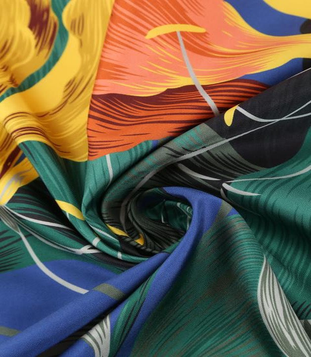 Woman Scarf 100% Silk Twill 90x90 Big Flowers Design Blue Green Colors Hand-rolled Great Gift for Her