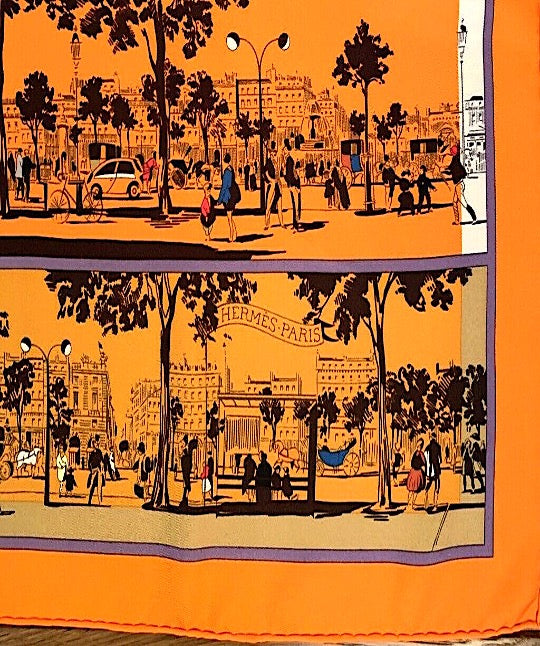 Woman Pre-loved Scarf Silk Vintage Hermès “A L’HOMBRE DES BOULEVARDS” Carré de soie Orange Color