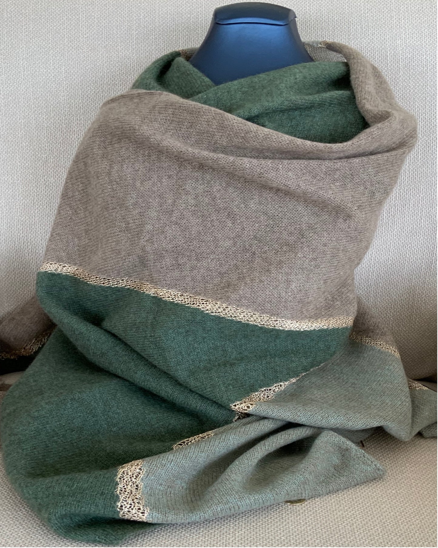 Shawl 100% Cashmere Naturel Shades of Green Colors with Golden trim Great Gift