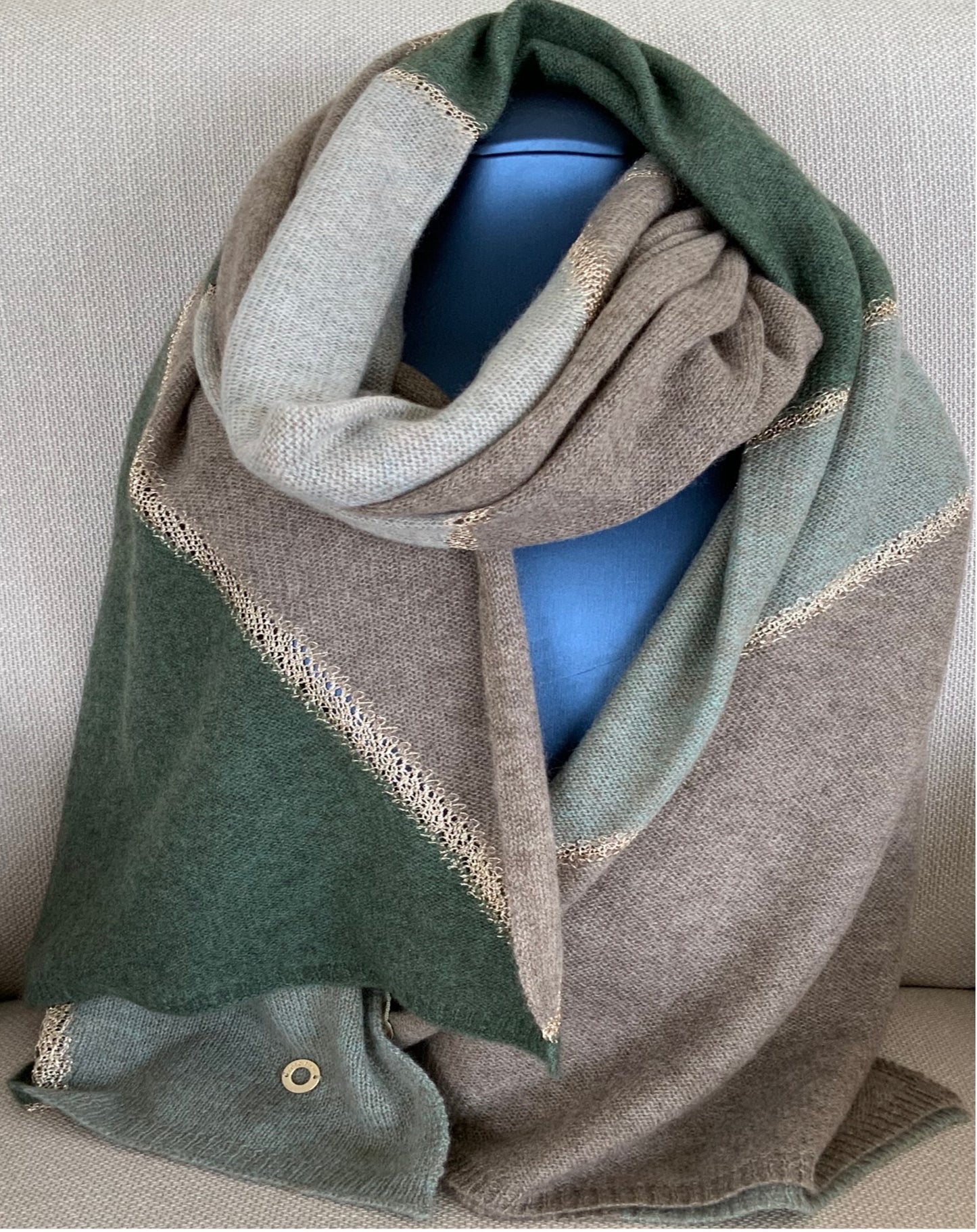 Shawl 100% Cashmere Naturel Shades of Green Colors with Golden trim Great Gift