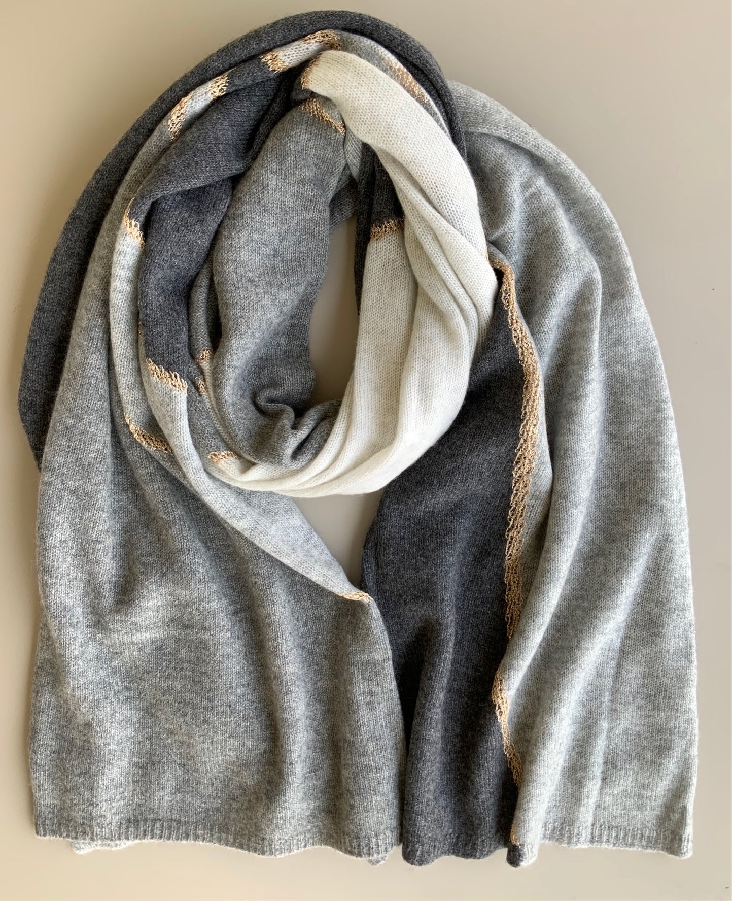 Shawl 100% Cashmere Naturel Shades of Grey Colors with Golden Trim Great Gift