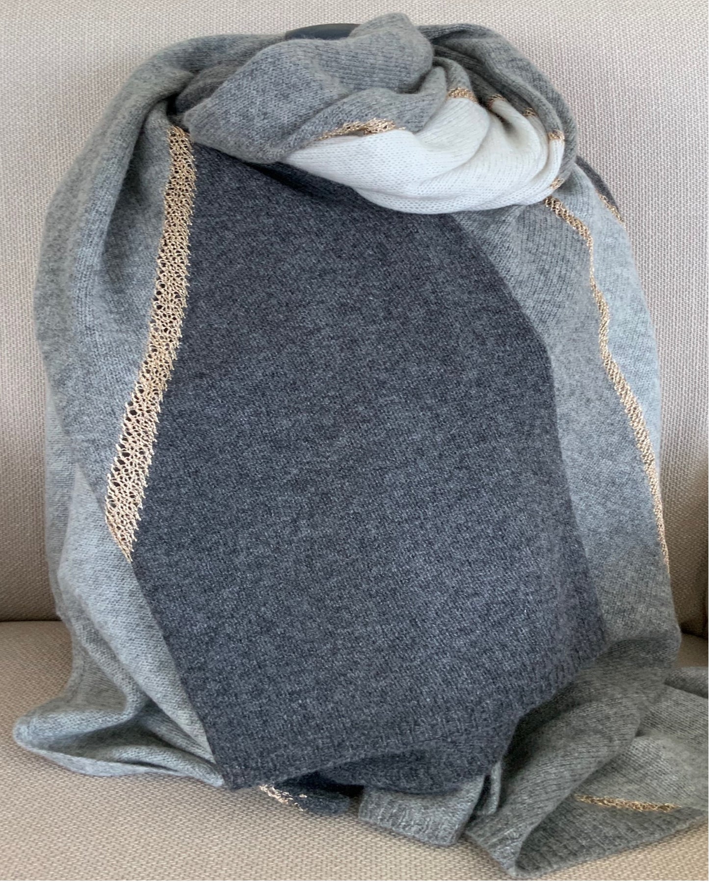 Shawl 100% Cashmere Naturel Shades of Grey Colors with Golden Trim Great Gift