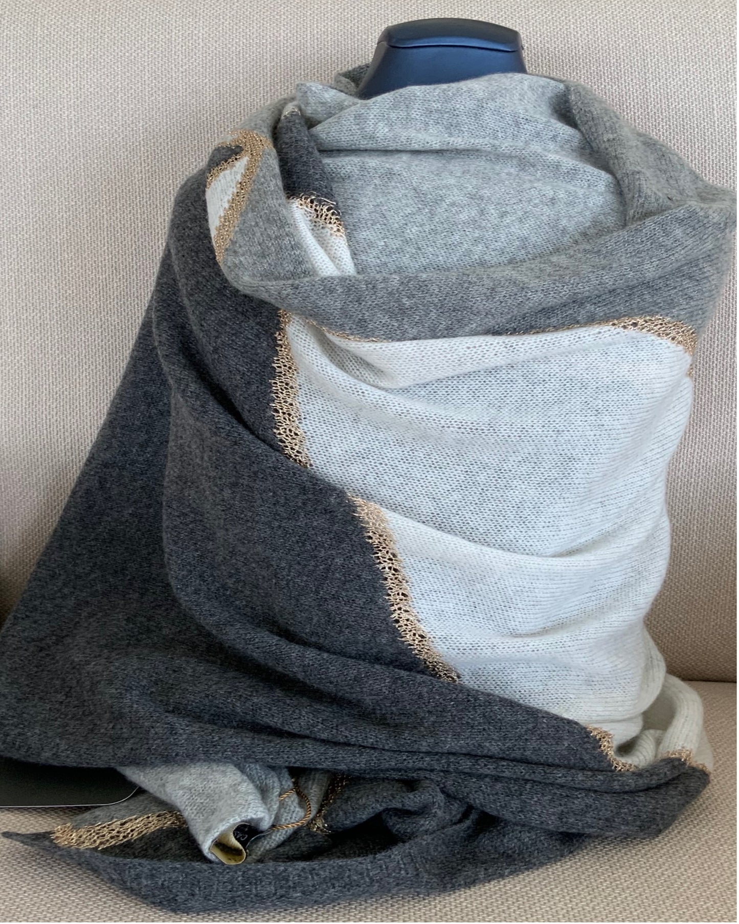 Shawl 100% Cashmere Naturel Shades of Grey Colors with Golden Trim Great Gift