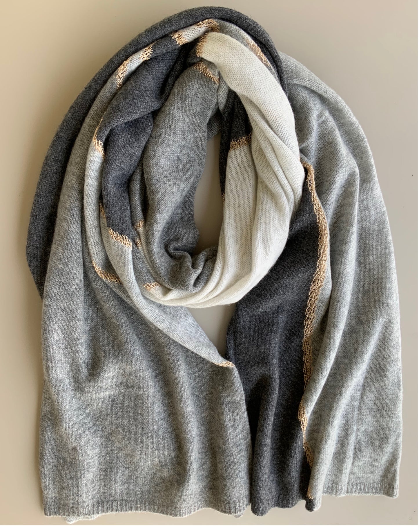 Shawl 100% Cashmere Naturel Shades of Grey Colors with Golden Trim Great Gift