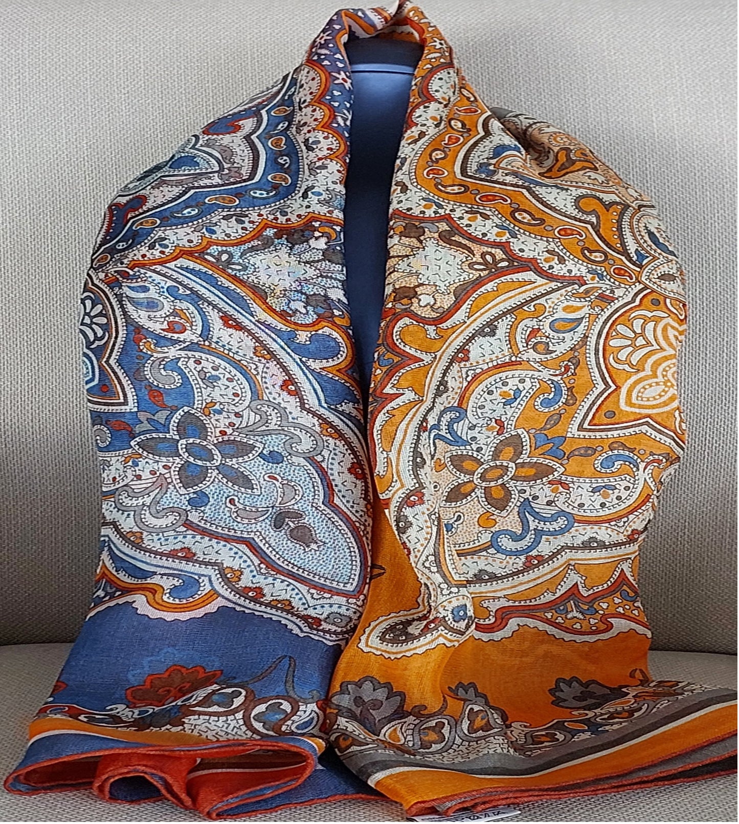 Great Gift Woman Shawl Light Weight 4 Squares Design Blue Grey Orange Red Colours Hand rolled Great Gift for Her