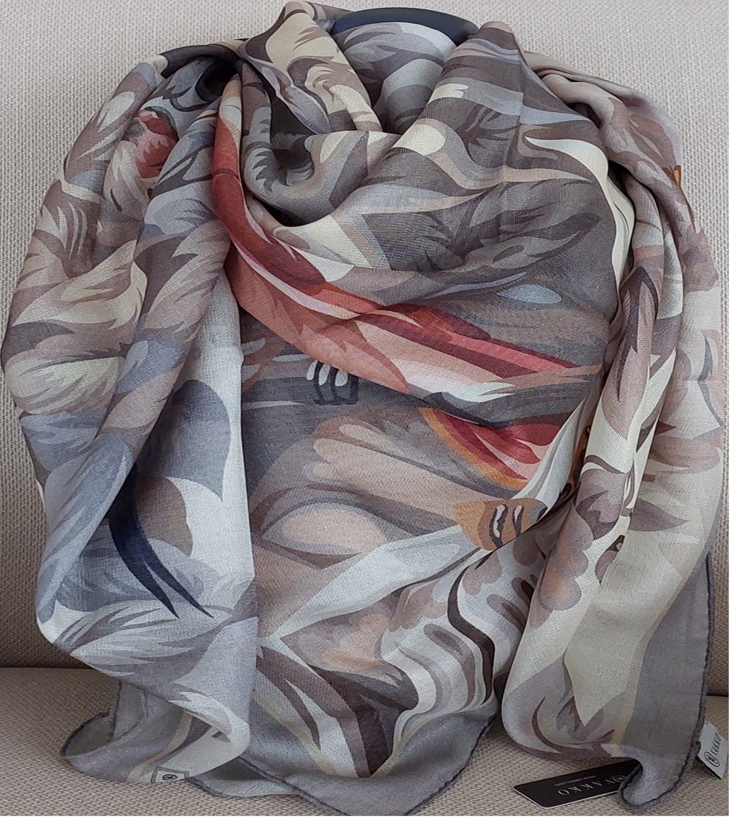 Great Gift Woman Shawl Light Weight Cashmere Silk 140 x 140 “The Wild Birds” Grey Greige Colors Hand-rolled Great Gift for Her