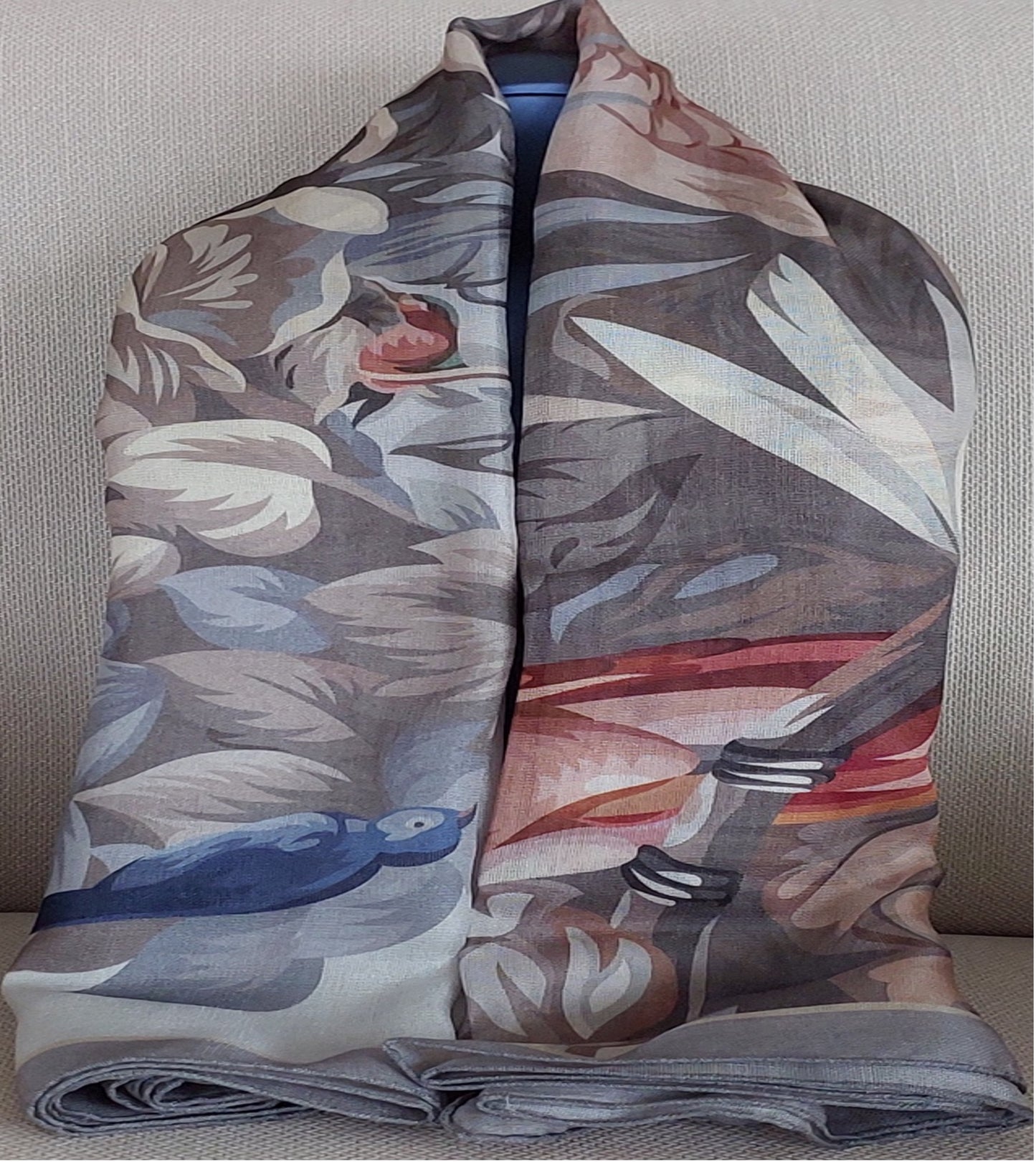 Great Gift Woman Shawl Light Weight Cashmere Silk 140 x 140 “The Wild Birds” Grey Greige Colors Hand-rolled Great Gift for Her