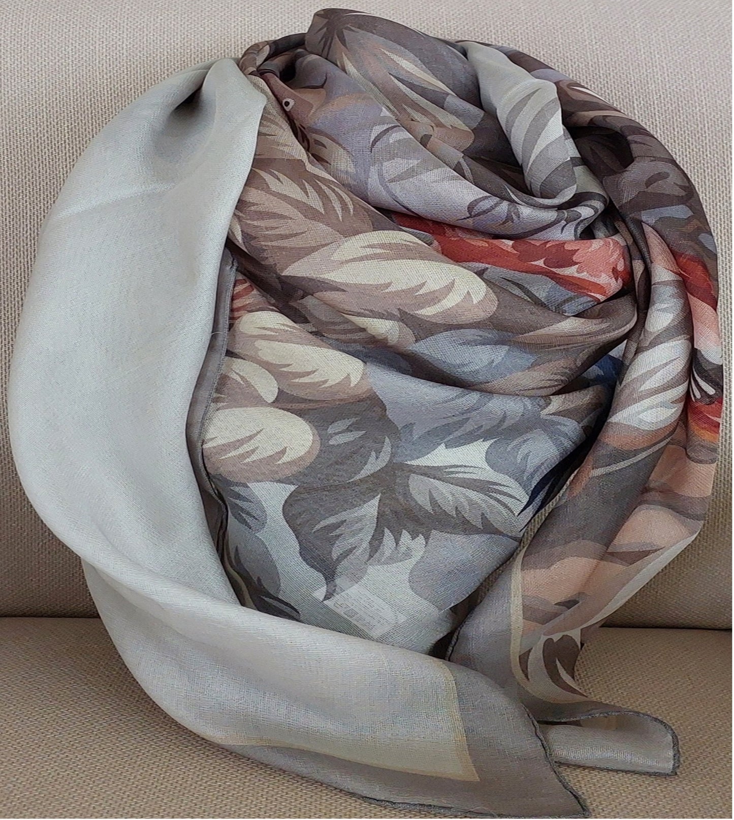 Great Gift Woman Shawl Light Weight Cashmere Silk 140 x 140 “The Wild Birds” Grey Greige Colors Hand-rolled Great Gift for Her