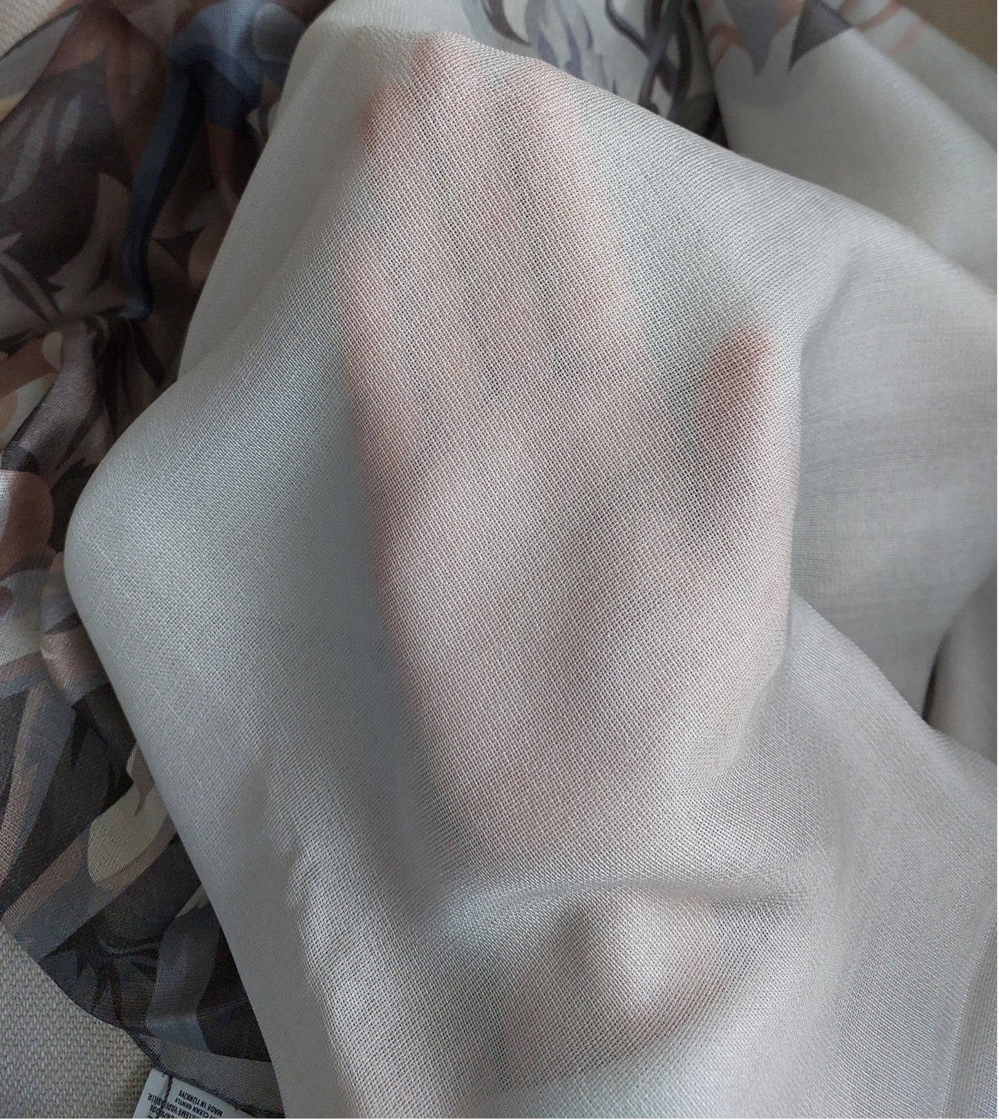 Great Gift Woman Shawl Light Weight Cashmere Silk 140 x 140 “The Wild Birds” Grey Greige Colors Hand-rolled Great Gift for Her