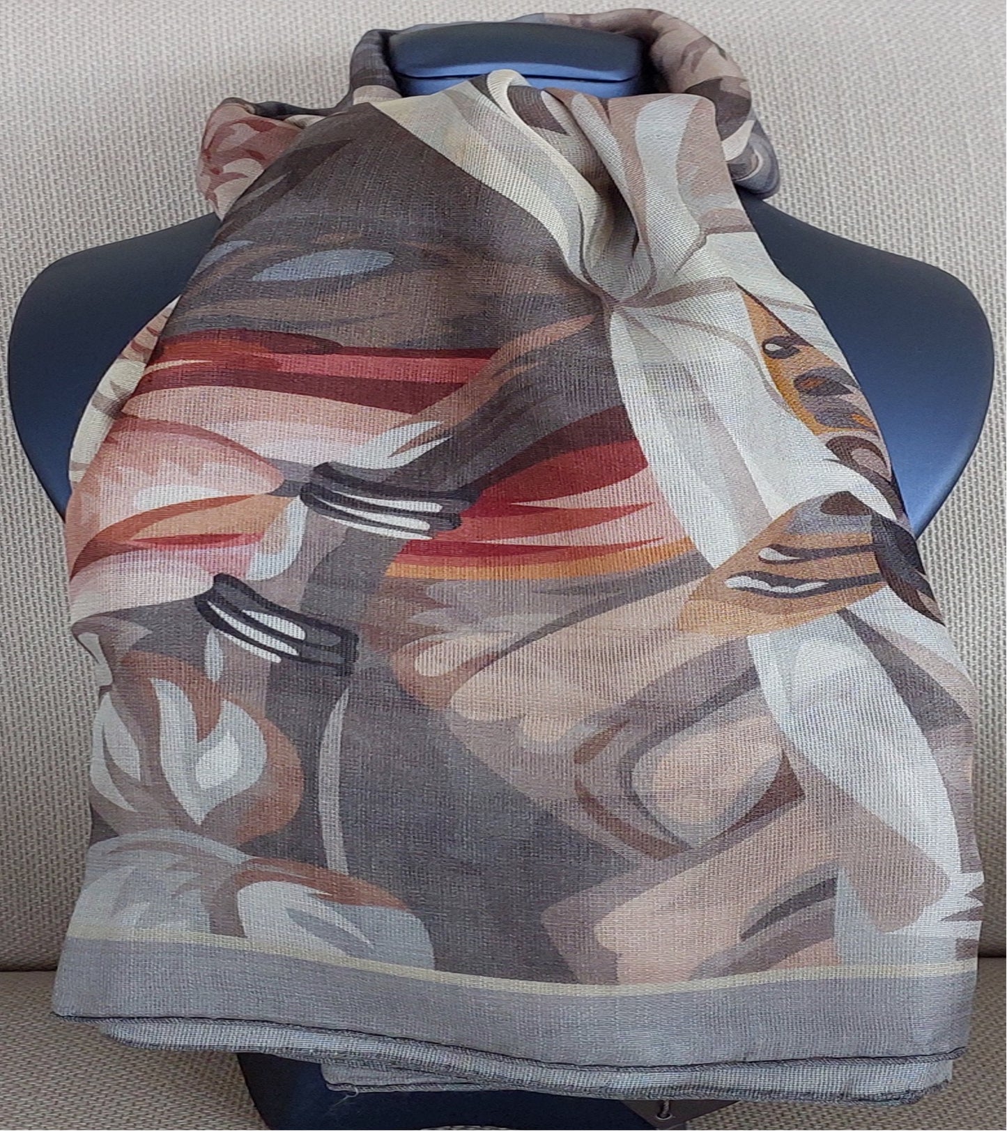Great Gift Woman Shawl Light Weight Cashmere Silk 140 x 140 “The Wild Birds” Grey Greige Colors Hand-rolled Great Gift for Her