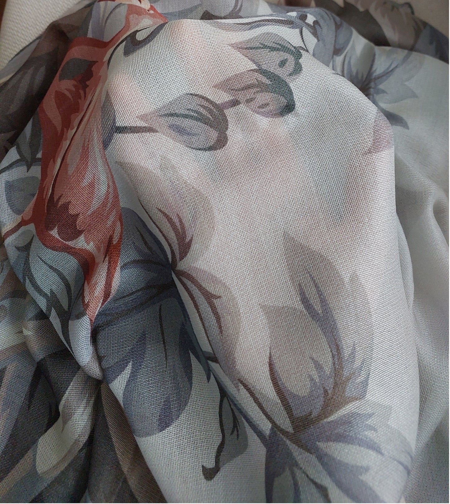 Great Gift Woman Shawl Light Weight Cashmere Silk 140 x 140 “The Wild Birds” Grey Greige Colors Hand-rolled Great Gift for Her