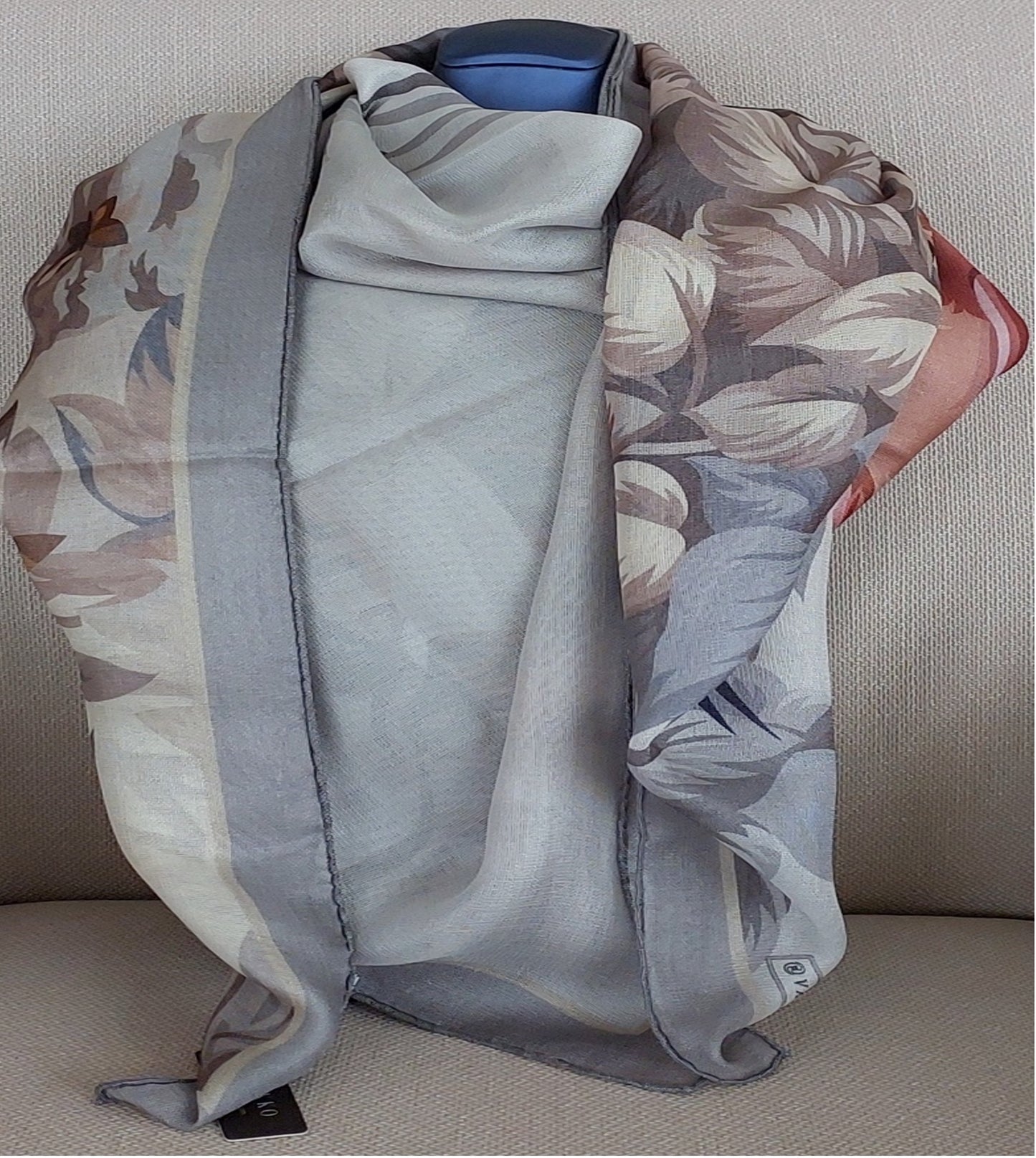 Great Gift Woman Shawl Light Weight Cashmere Silk 140 x 140 “The Wild Birds” Grey Greige Colors Hand-rolled Great Gift for Her