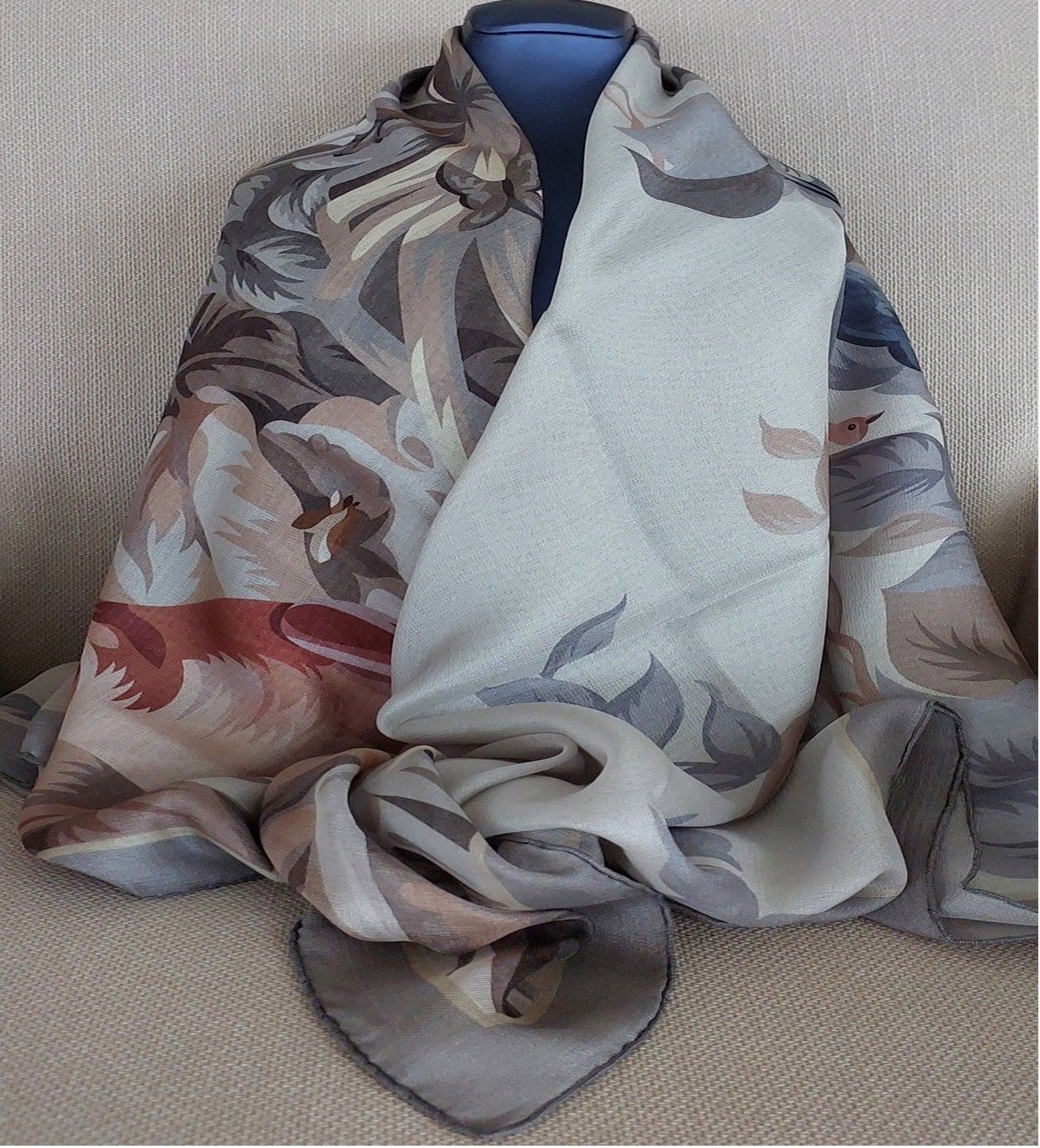 Great Gift Woman Shawl Light Weight Cashmere Silk 140 x 140 “The Wild Birds” Grey Greige Colors Hand-rolled Great Gift for Her