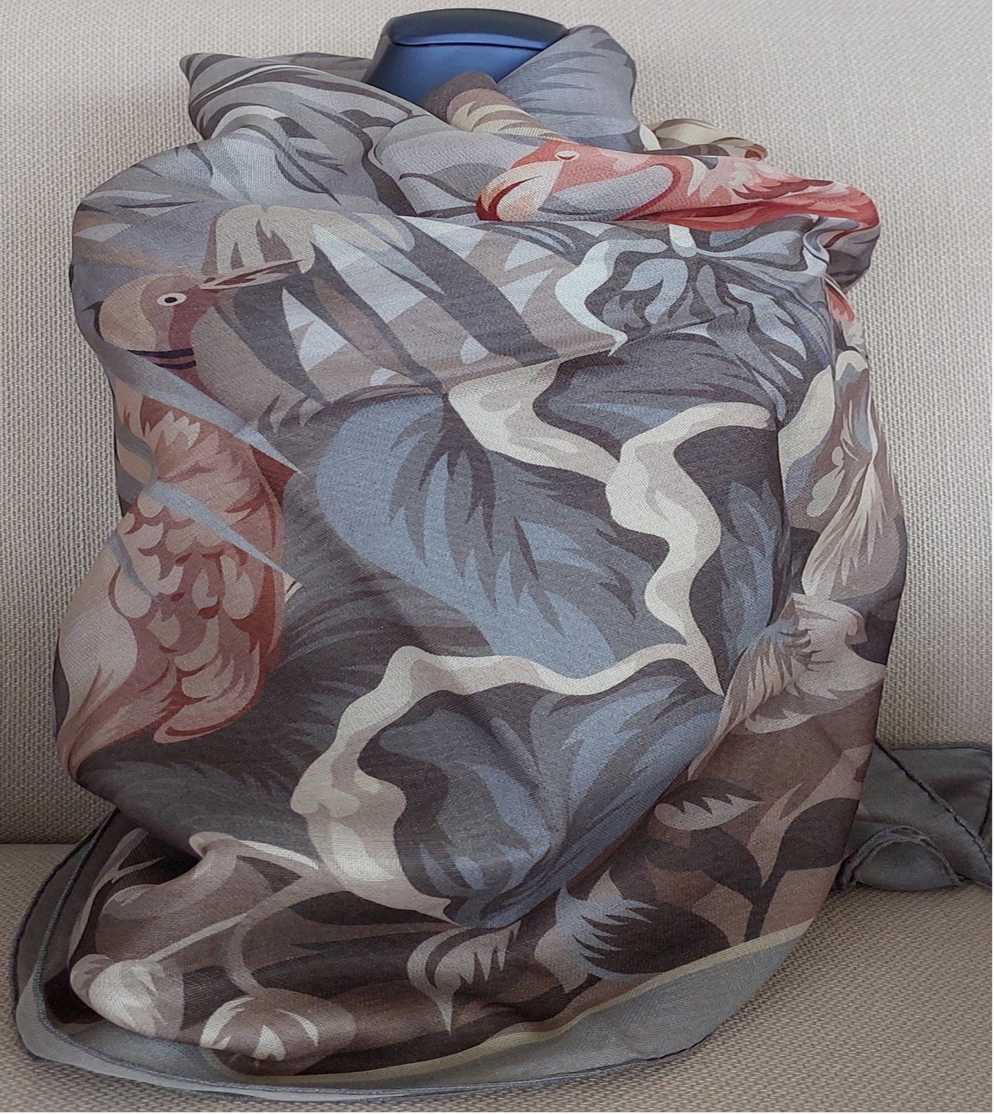 Great Gift Woman Shawl Light Weight Cashmere Silk 140 x 140 “The Wild Birds” Grey Greige Colors Hand-rolled Great Gift for Her