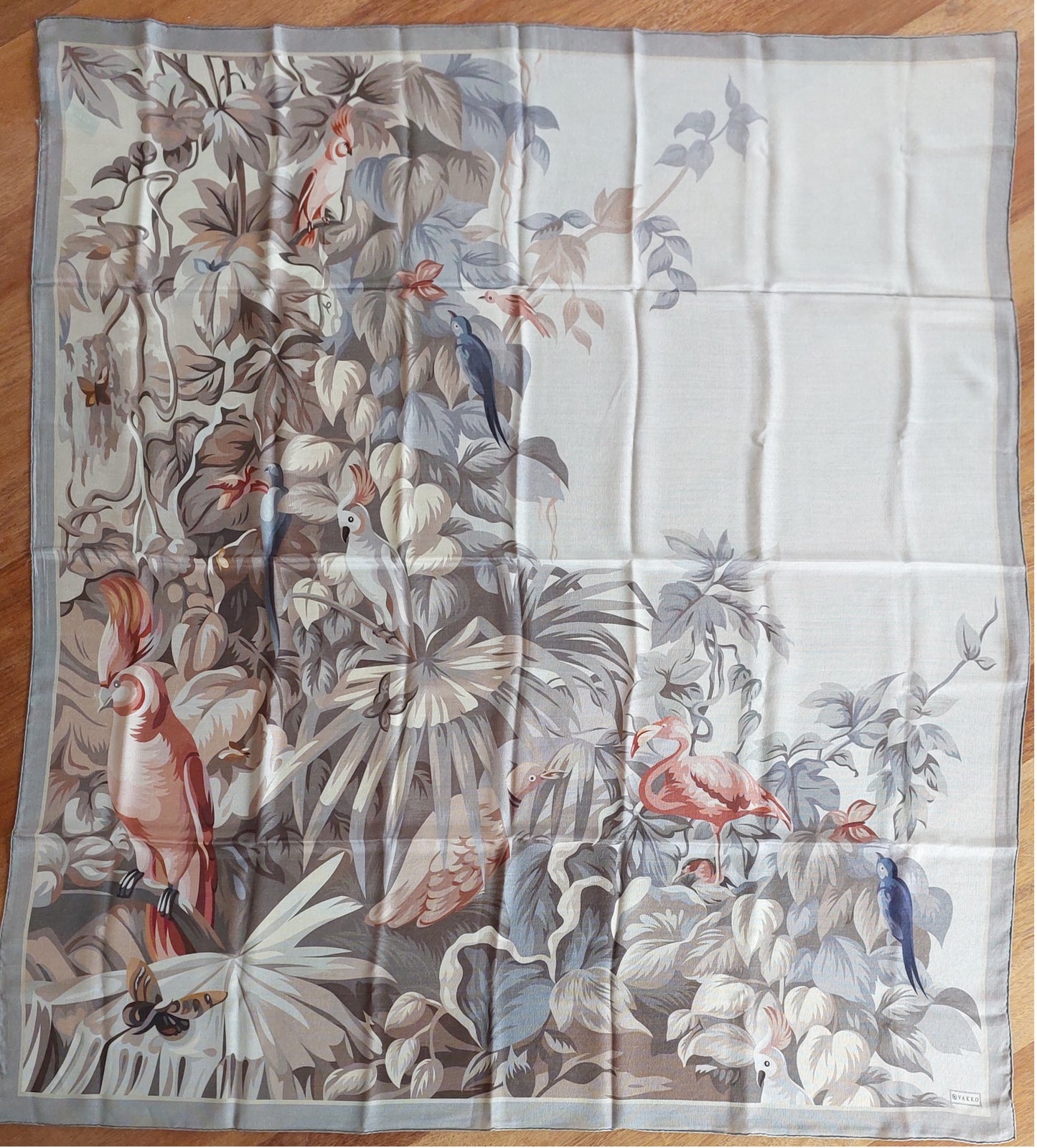 Great Gift Woman Shawl Light Weight Cashmere Silk 140 x 140 “The Wild Birds” Grey Greige Colors Hand-rolled Great Gift for Her