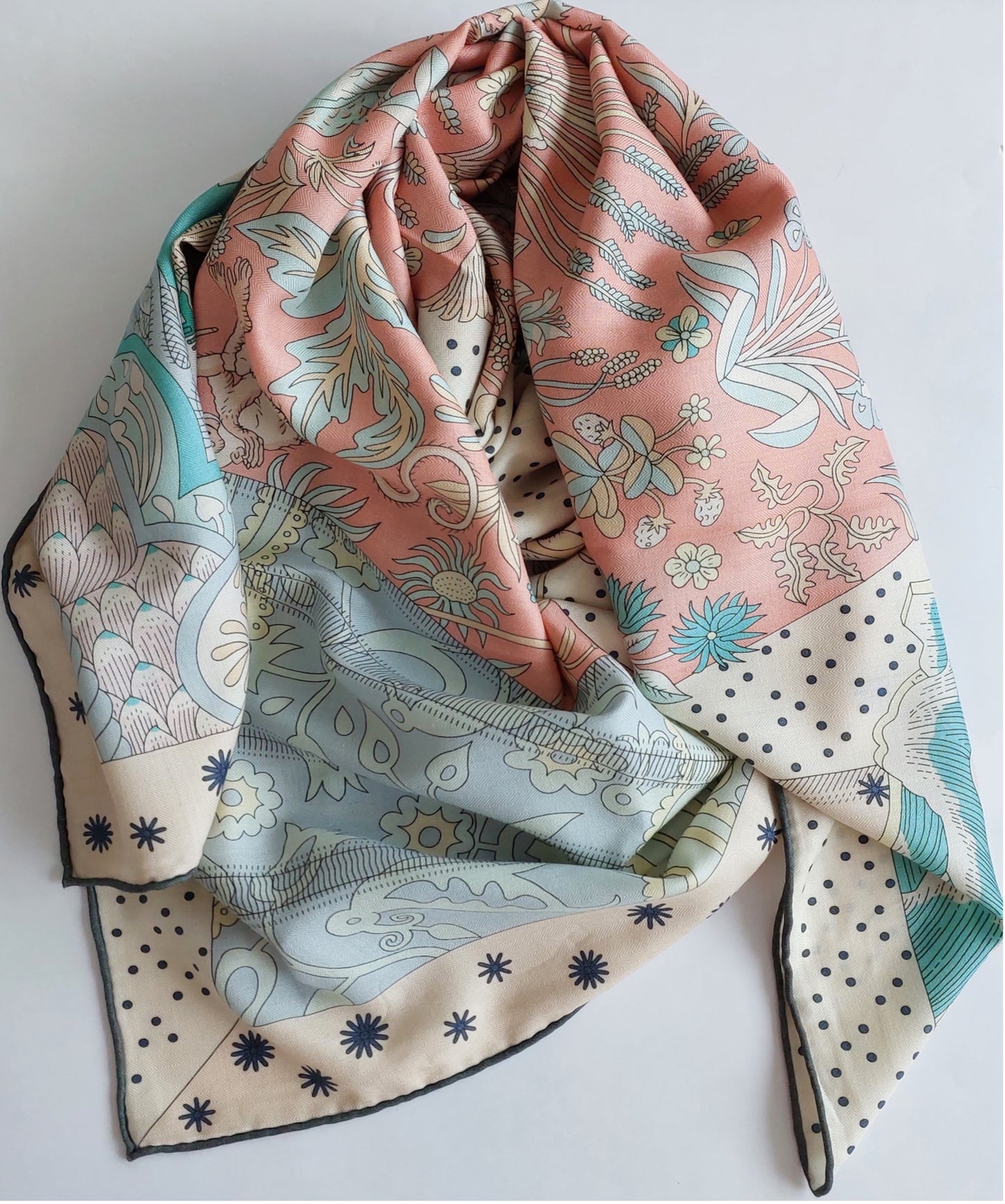 2 Woman Pre-Loved Shawl Vintage Hermès Pre-owned Used "Premier Chant " 140 Cashmere and Silk Green Pink Bois de Rose