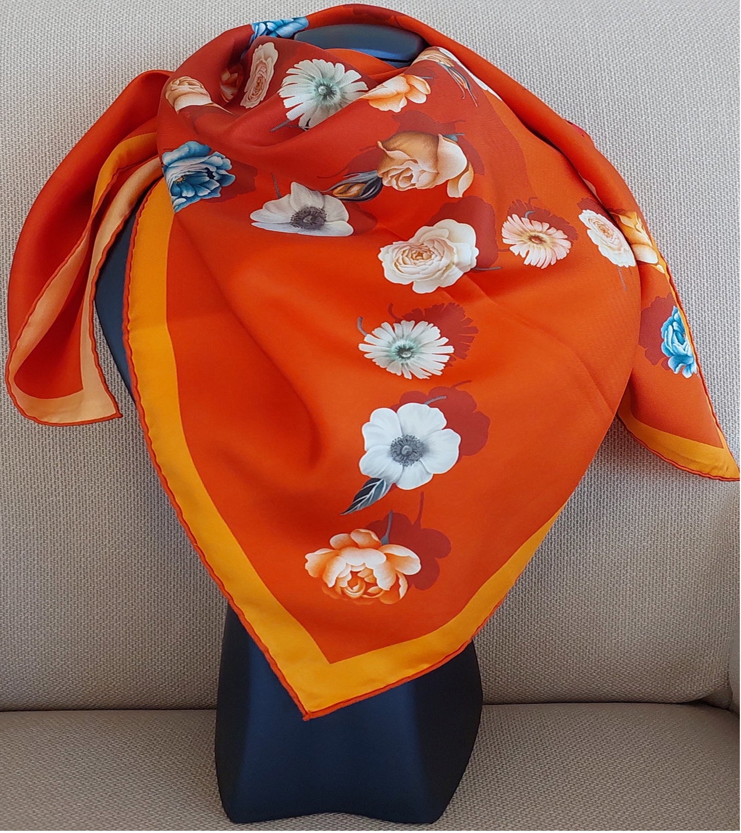 Woman 100% Silk Scarf Flowers design Roses Marguerites Orange Colours Hand-rolled designer style Scarf in Great Gift Box Packaging