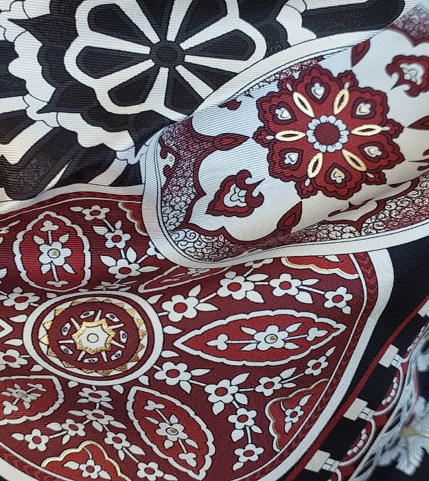 Woman Silk Scarf Geometric design Black Burgundi Red Gold Colors Hand rolled Stitch Great Gift for her in a box