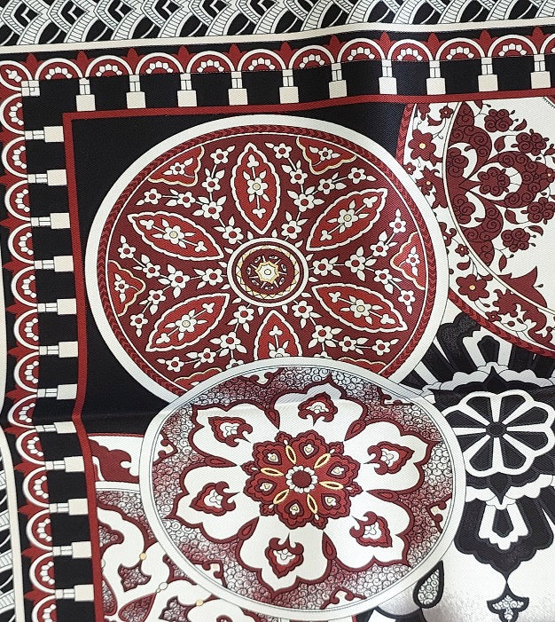 Woman Silk Scarf Geometric design Black Burgundi Red Gold Colors Hand rolled Stitch Great Gift for her in a box