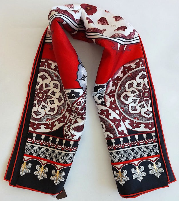 Woman Silk Scarf Geometric design Black Burgundi Red Gold Colors Hand rolled Stitch Great Gift for her in a box