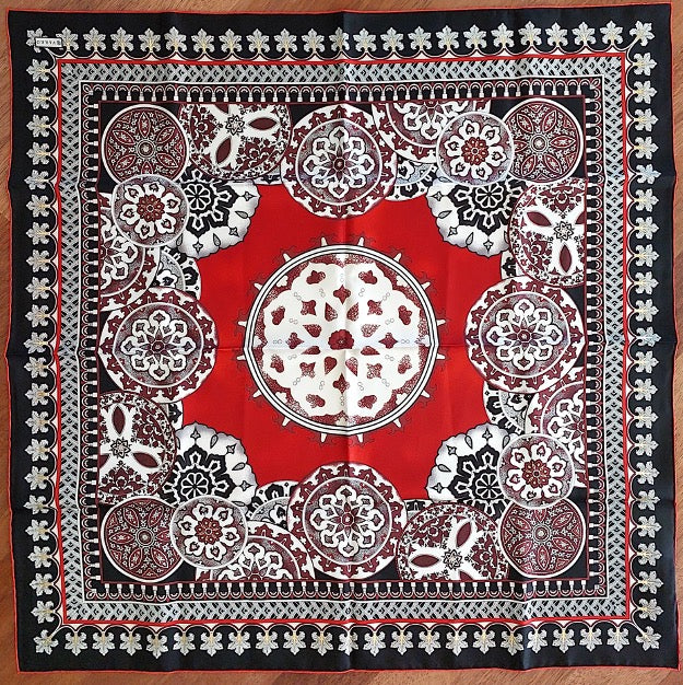 Woman Silk Scarf Geometric design Black Burgundi Red Gold Colors Hand rolled Stitch Great Gift for her in a box