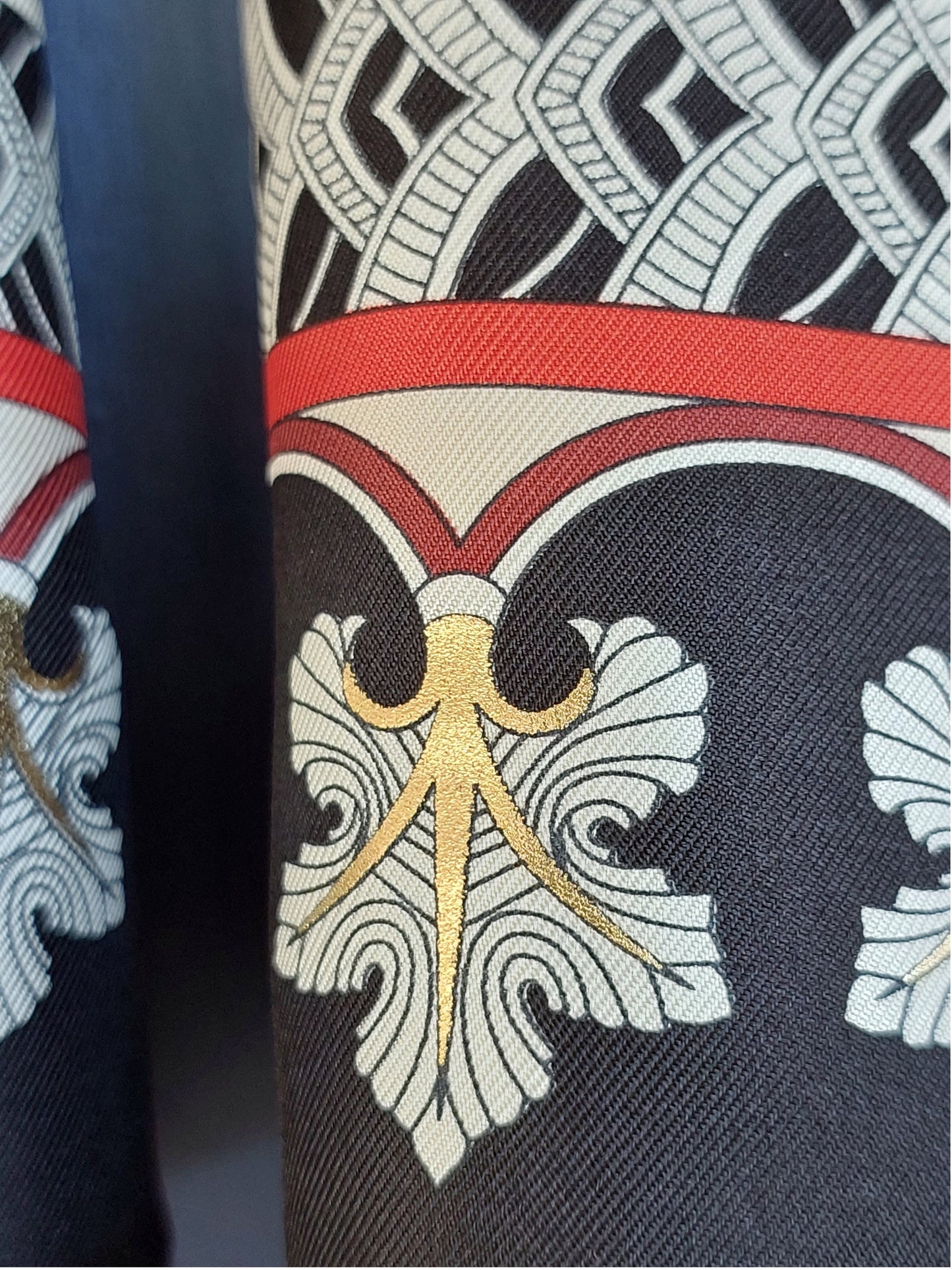Woman Silk Scarf Geometric design Black Burgundi Red Gold Colors Hand rolled Stitch Great Gift for her in a box
