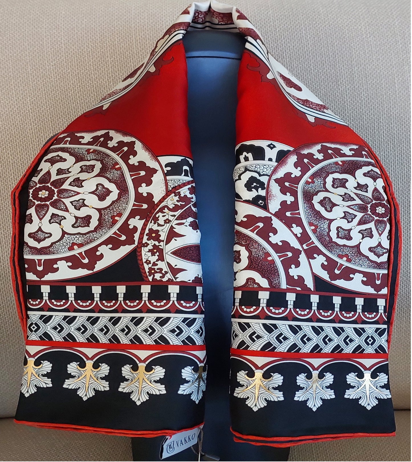 Woman Silk Scarf Geometric design Black Burgundi Red Gold Colors Hand rolled Stitch Great Gift for her in a box