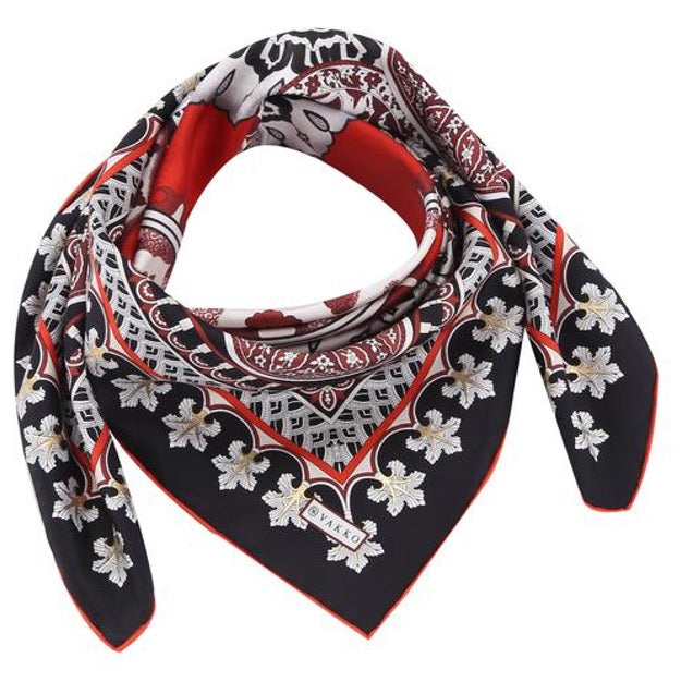 Woman Silk Scarf Geometric design Black Burgundi Red Gold Colors Hand rolled Stitch Great Gift for her in a box