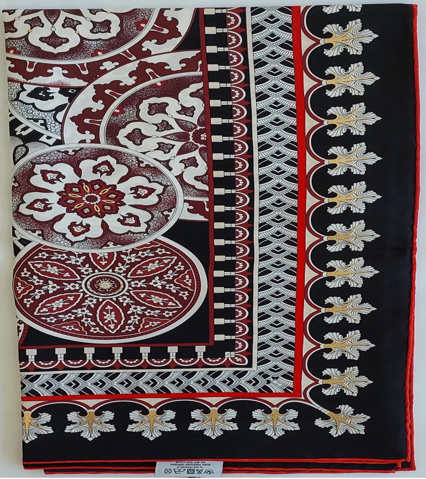 Woman Silk Scarf Geometric design Black Burgundi Red Gold Colors Hand rolled Stitch Great Gift for her in a box