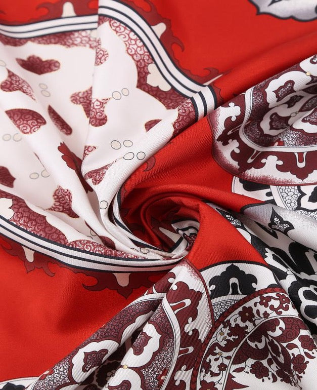 Woman Silk Scarf Geometric design Black Burgundi Red Gold Colors Hand rolled Stitch Great Gift for her in a box