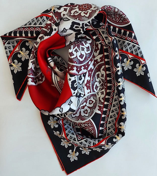 Woman Silk Scarf Geometric design Black Burgundi Red Gold Colors Hand rolled Stitch Great Gift for her in a box