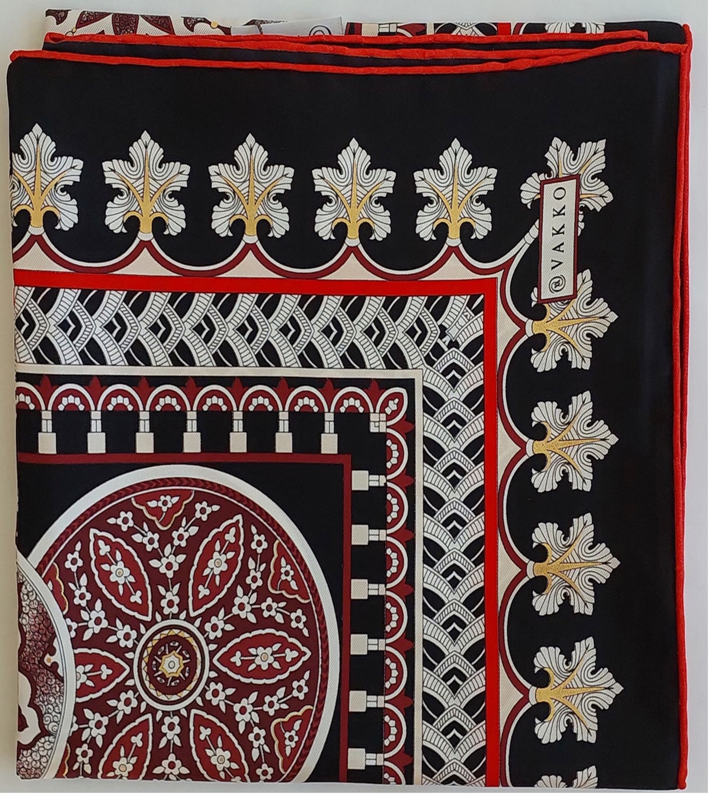 Woman Silk Scarf Geometric design Black Burgundi Red Gold Colors Hand rolled Stitch Great Gift for her in a box