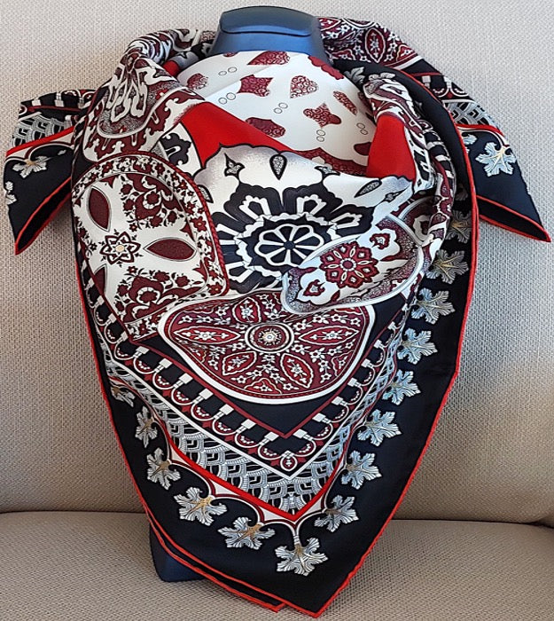 Woman Silk Scarf Geometric design Black Burgundi Red Gold Colors Hand rolled Stitch Great Gift for her in a box