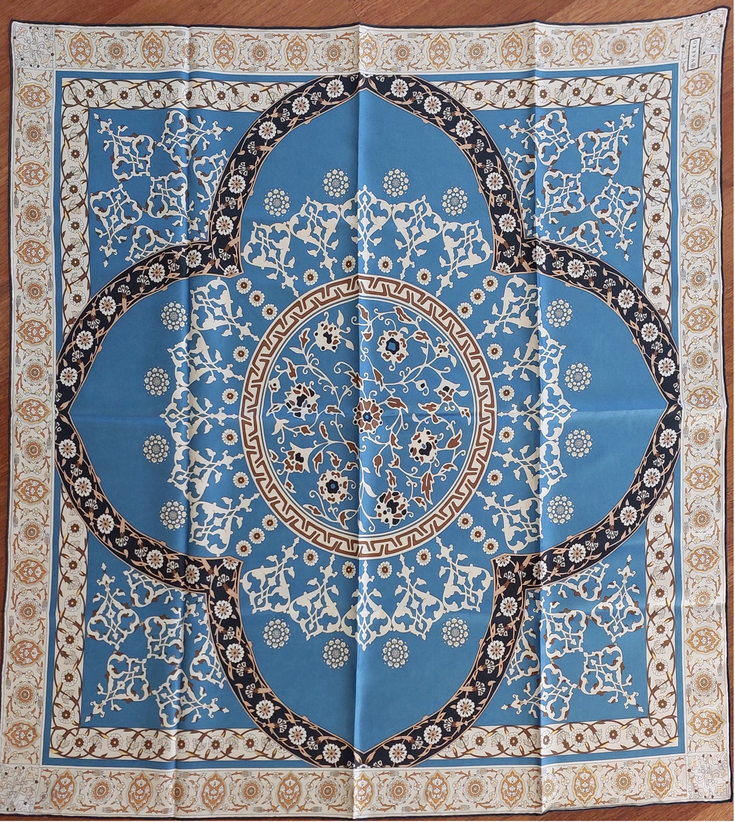 Woman Silk Scarf Geometric design Blue and White Gold Colors Hand rolled Stitch Great Gift for her in a beautiful box