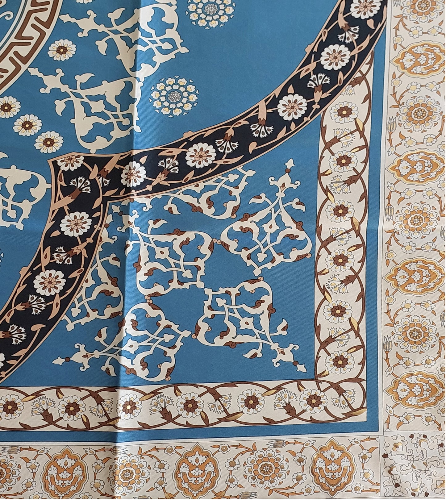 Woman Silk Scarf Geometric design Blue and White Gold Colors Hand rolled Stitch Great Gift for her in a beautiful box