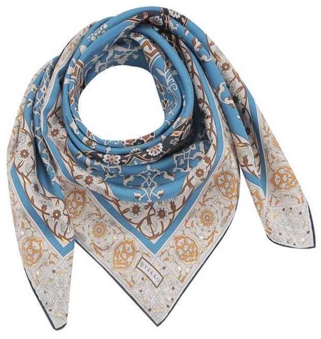Woman Silk Scarf Geometric design Blue and White Gold Colors Hand rolled Stitch Great Gift for her in a beautiful box
