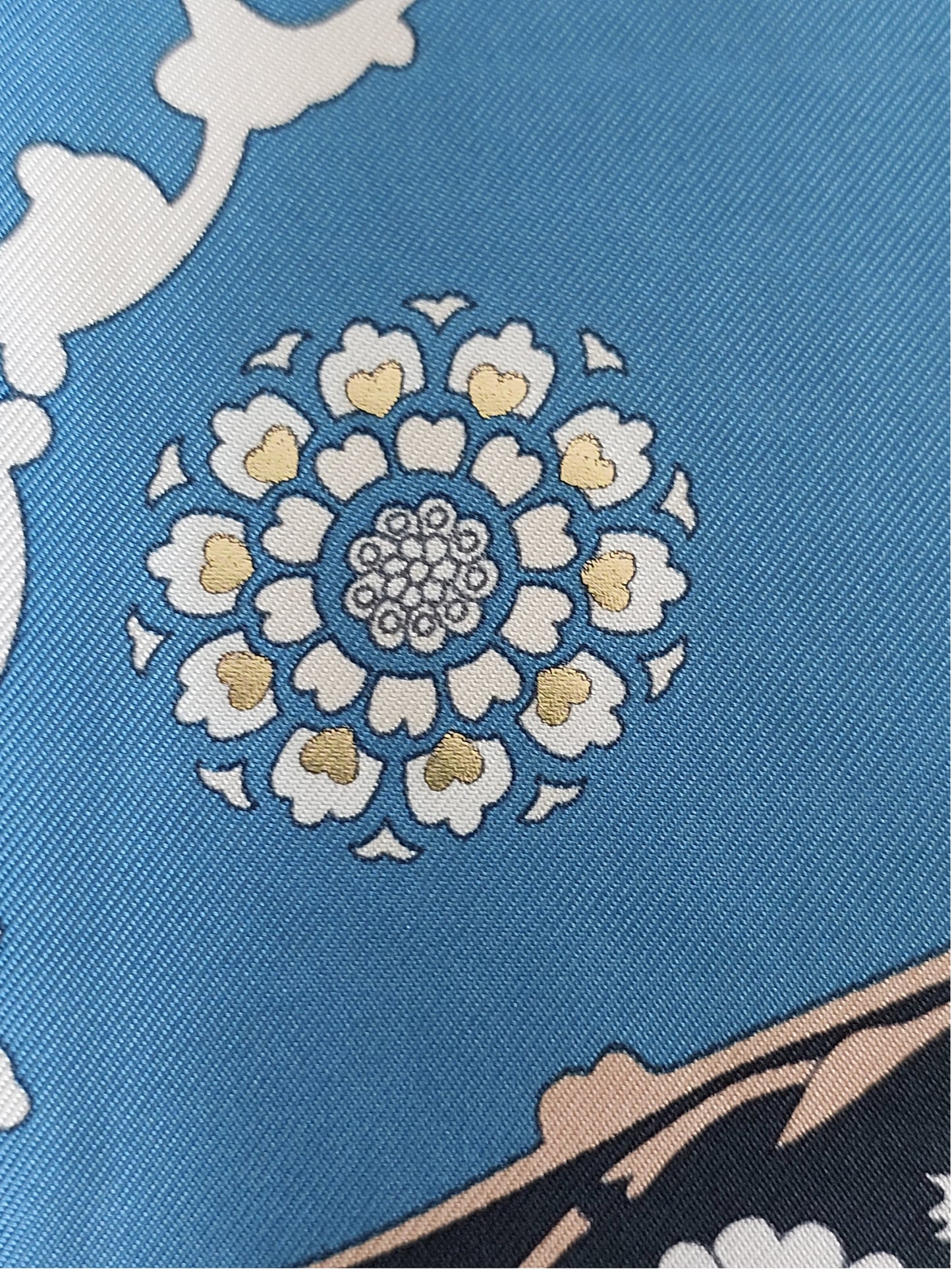 Woman Silk Scarf Geometric design Blue and White Gold Colors Hand rolled Stitch Great Gift for her in a beautiful box