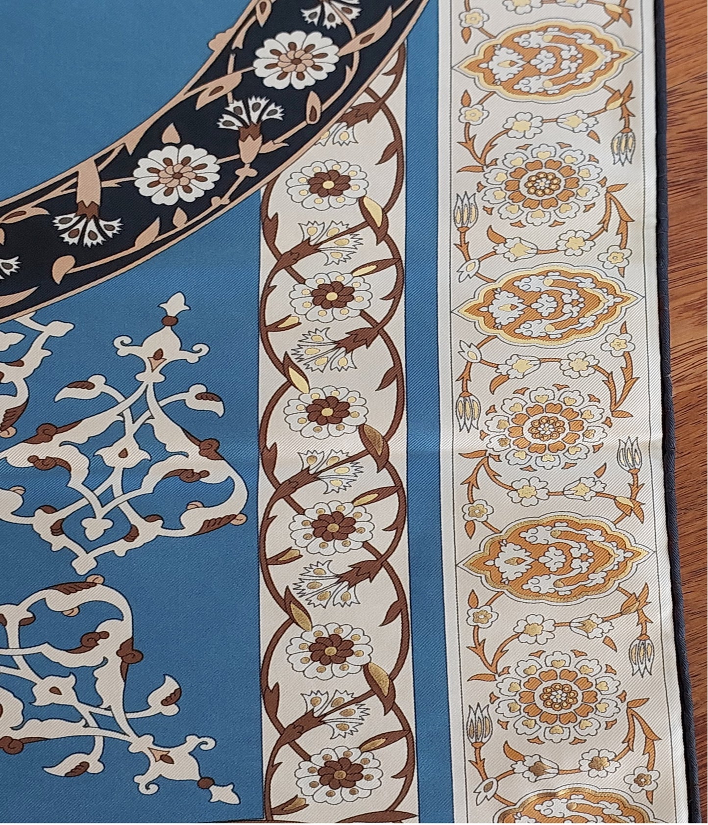 Woman Silk Scarf Geometric design Blue and White Gold Colors Hand rolled Stitch Great Gift for her in a beautiful box