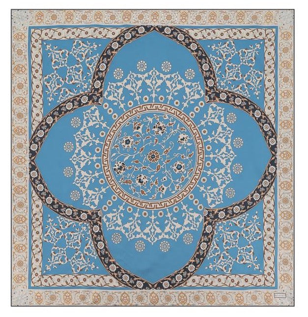 Woman Silk Scarf Geometric design Blue and White Gold Colors Hand rolled Stitch Great Gift for her in a beautiful box