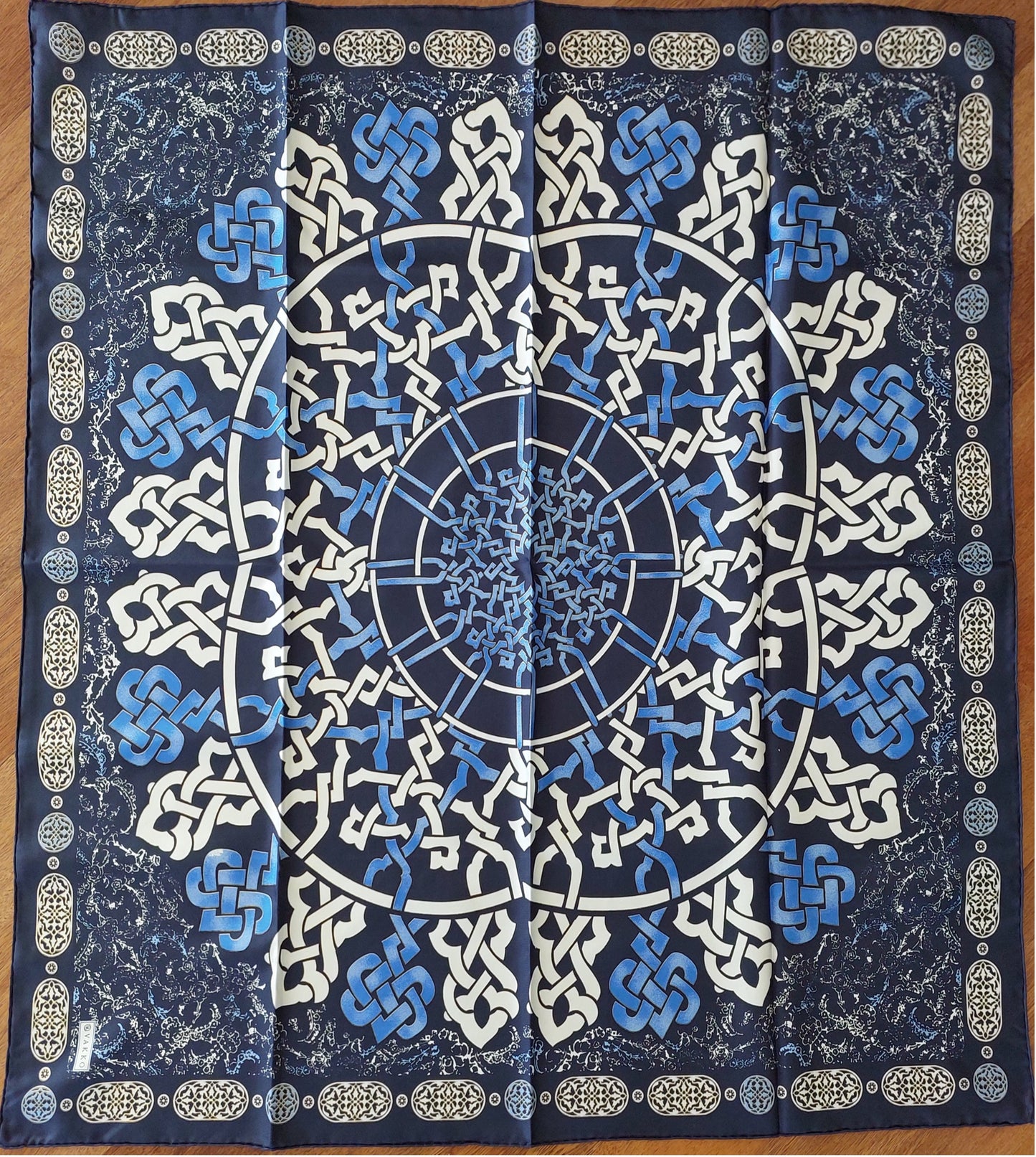 Woman 100% Silk Scarf Geometric design Blue White Navy Blue Colors Hand rolled stitch Great Gift for her in a beautiful box