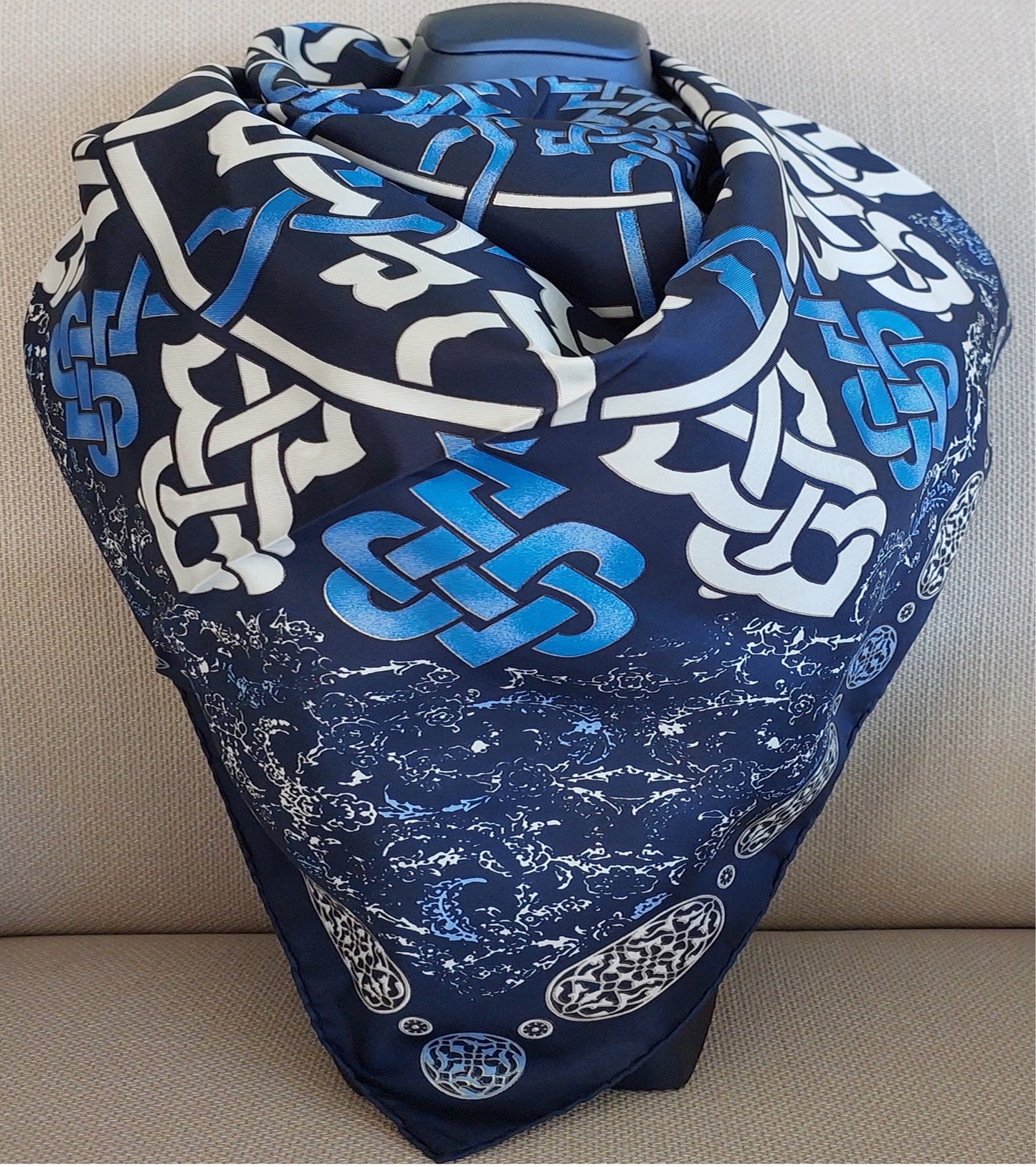 Woman 100% Silk Scarf Geometric design Blue White Navy Blue Colors Hand rolled stitch Great Gift for her in a beautiful box