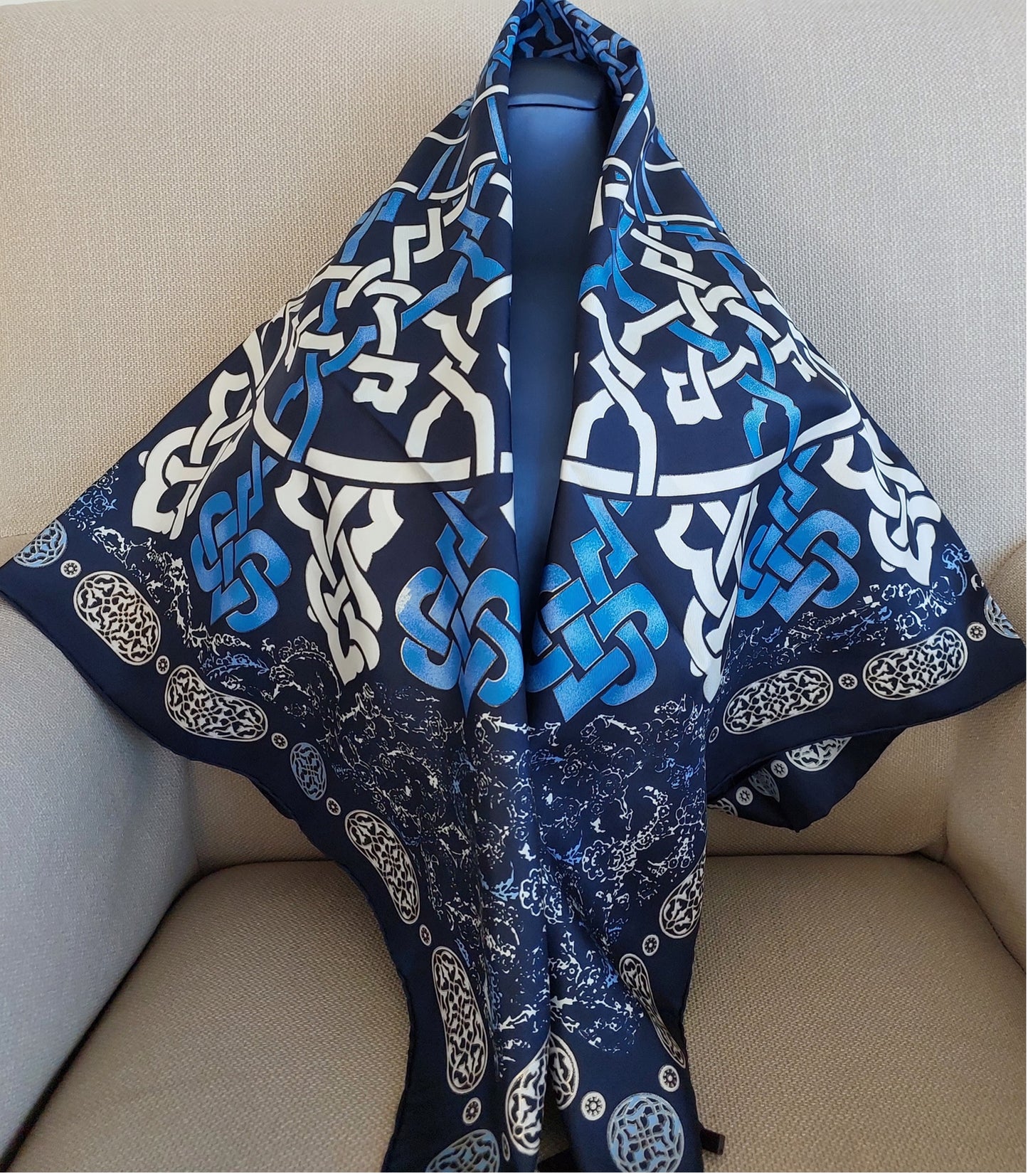 Woman 100% Silk Scarf Geometric design Blue White Navy Blue Colors Hand rolled stitch Great Gift for her in a beautiful box