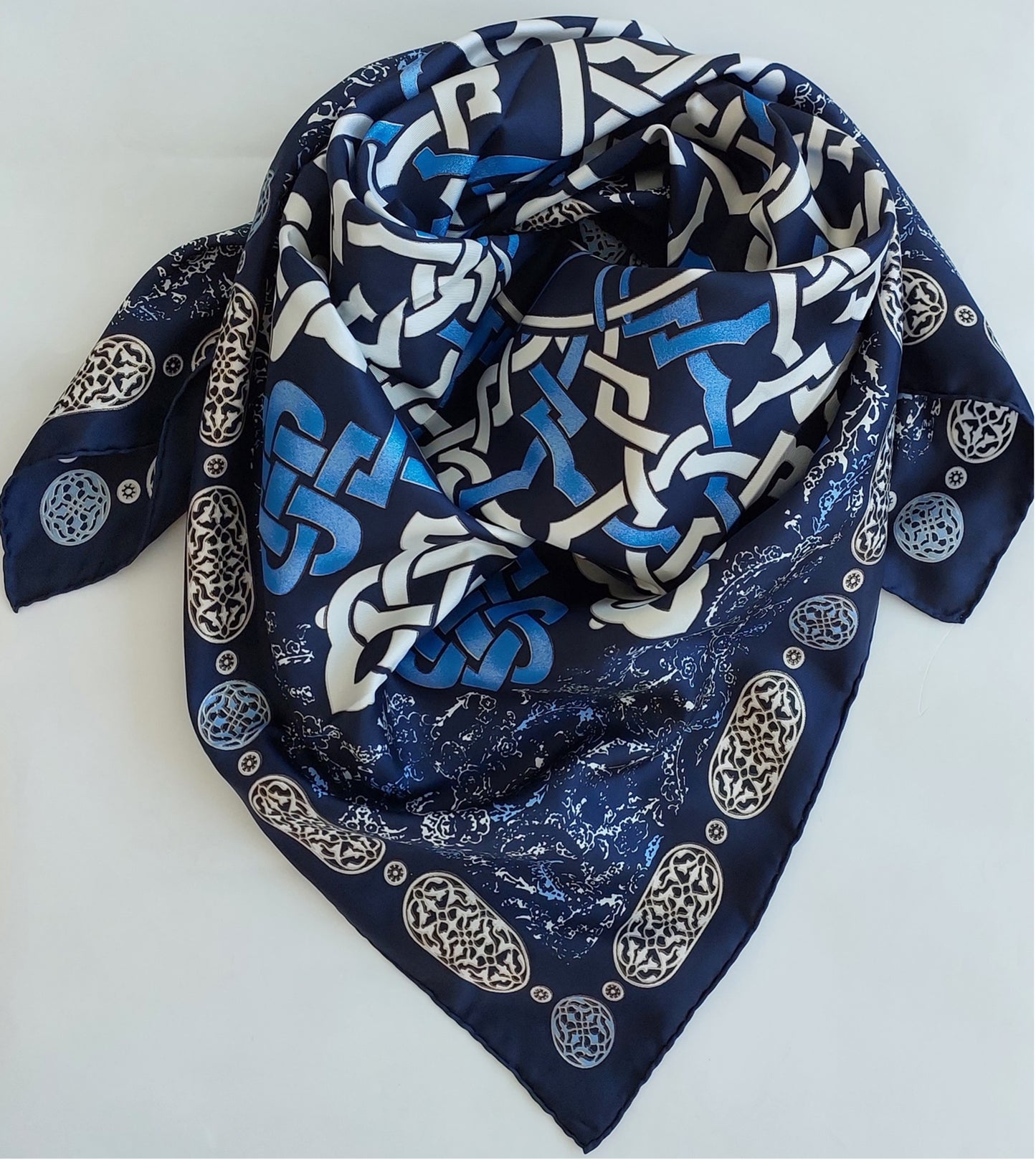 Woman 100% Silk Scarf Geometric design Blue White Navy Blue Colors Hand rolled stitch Great Gift for her in a beautiful box