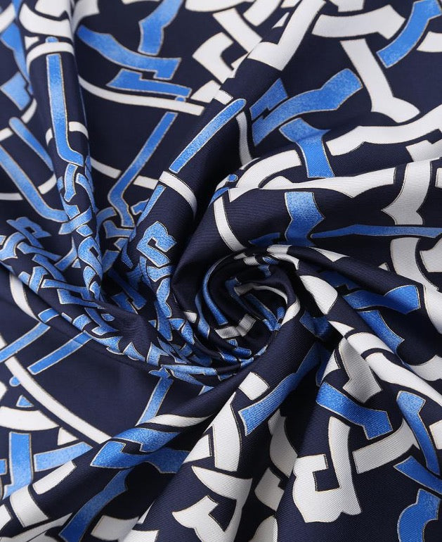 Woman 100% Silk Scarf Geometric design Blue White Navy Blue Colors Hand rolled stitch Great Gift for her in a beautiful box